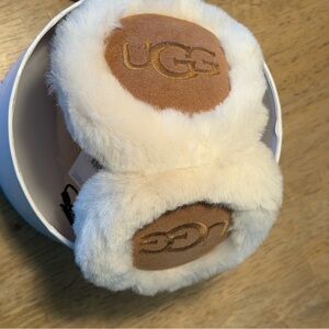 NWT UGG Shearling and Leather Monogram Suede Chestnut Earmuffs, Cream and Tan